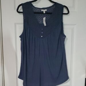 Sleeveless Lace Yoke Tank Top - Navy